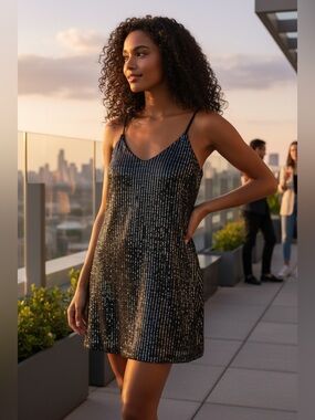 Candie's XL Black and Gold Sequin Striped V-Neck Slip
Dress